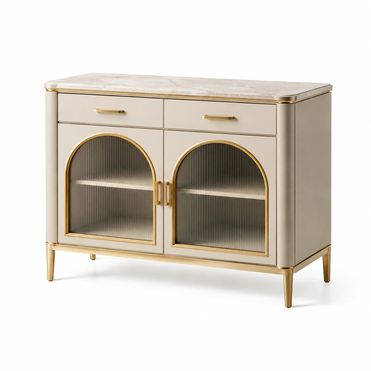 Sideboard aus MDF mit geriffeltem Glas und Marmortop, Beige/Gold, 120x40x80 cm