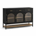 Sideboard aus Holz mit geripptem Glas und Metallgriffen, Schwarz, 150x40x85cm