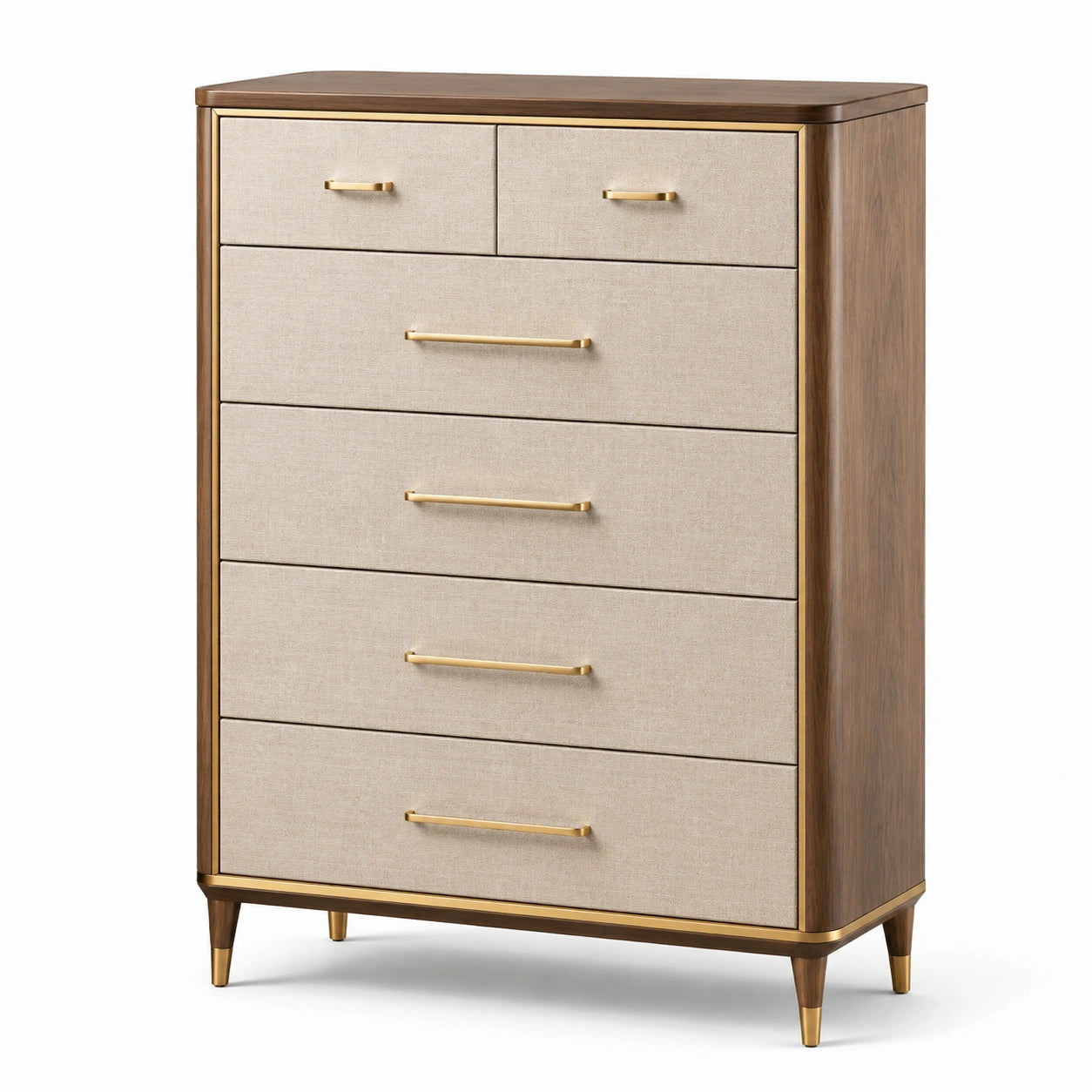 Kommode aus Walnussholz und Leinengewebe Beige mit 6 Schubladen