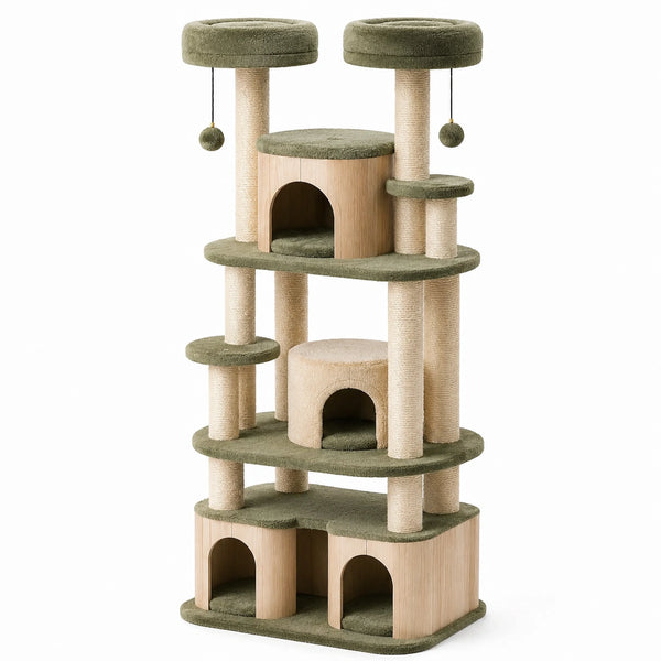 Katzenbaum mit Höhlen und Plattformen, Holz, Sisal, Grün