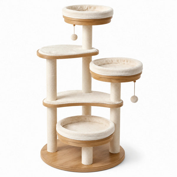 Katzenbaum aus Holz und Sisal mit Plüsch Beige 120 cm