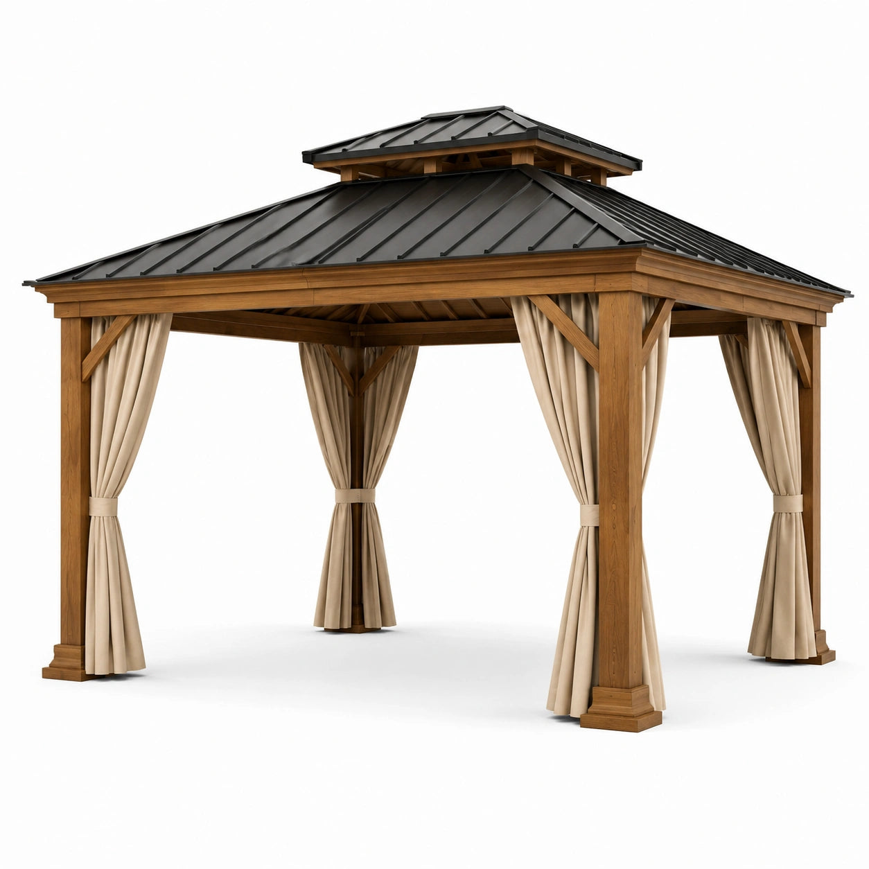 Holzpavillon mit Stahl-Überdachung und Polyester-Vorhängen 300x400 cm