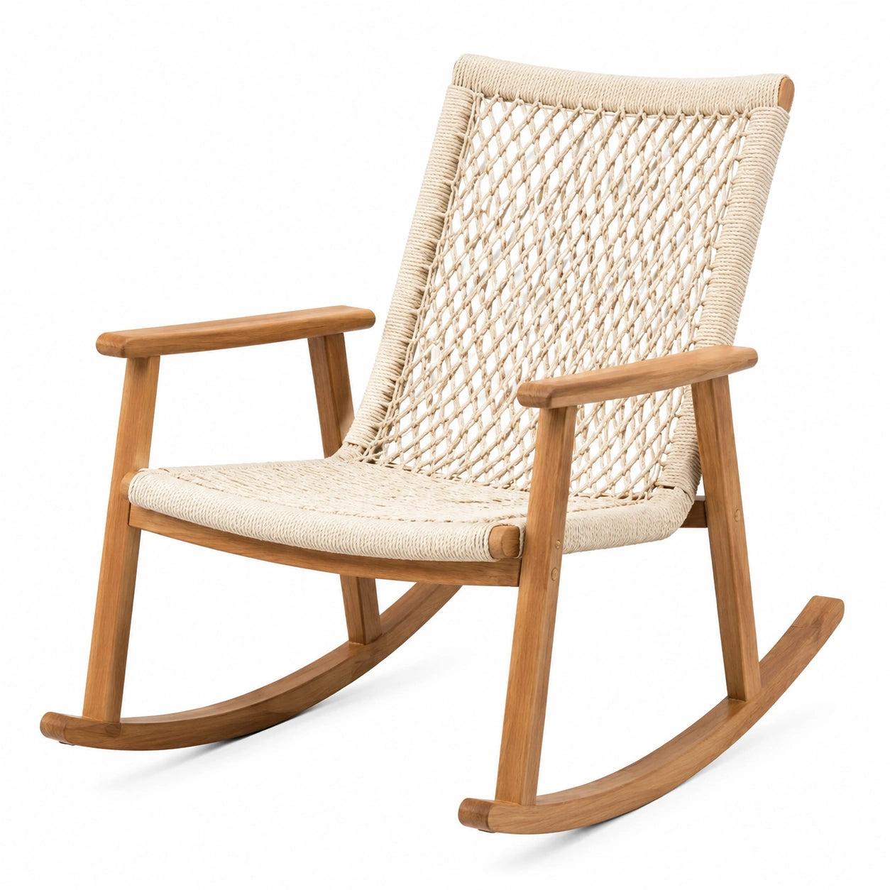 Schaukelstuhl aus Teakholz und geflochtener Synthetikfaser Beige